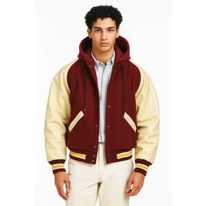 Vintage DeLong Sz. M Varsity Letterman Hooded Jacket‎ Burgundy Wool Leather NWT